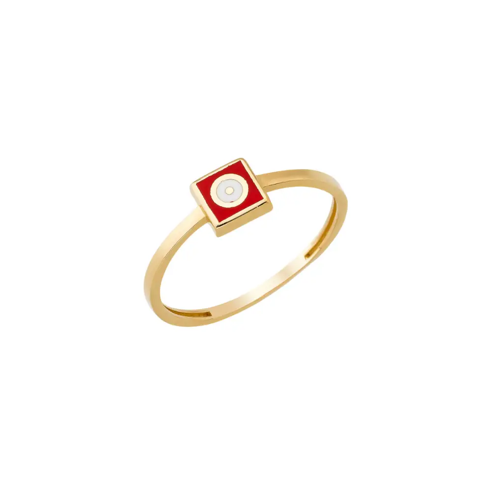 14K Solid Gold Square Dainty Evil Eye Ring Red - Rings