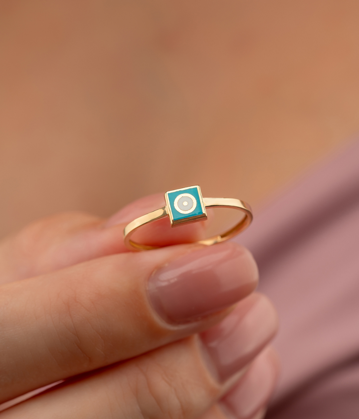 14K Solid Gold Square Dainty Evil Eye Ring Turquoise - Rings