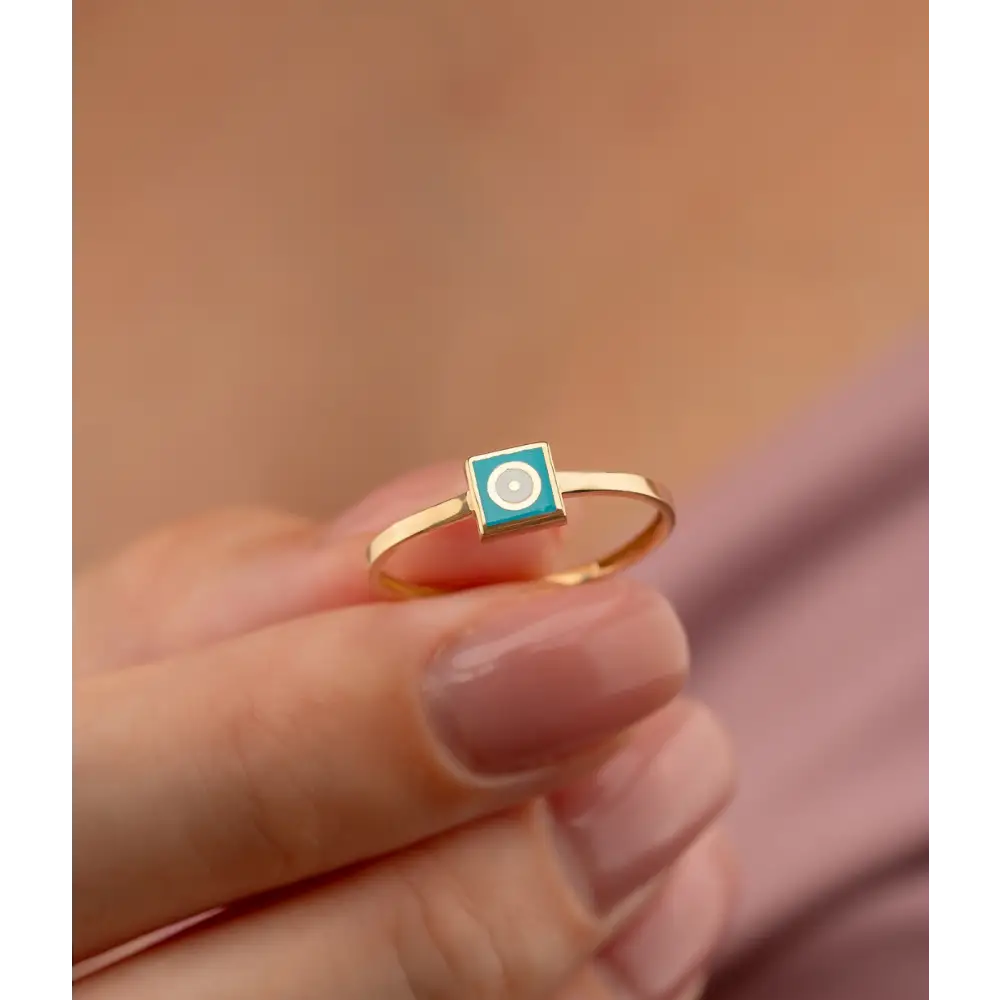 14K Solid Gold Square Dainty Evil Eye Ring Turquoise - Rings