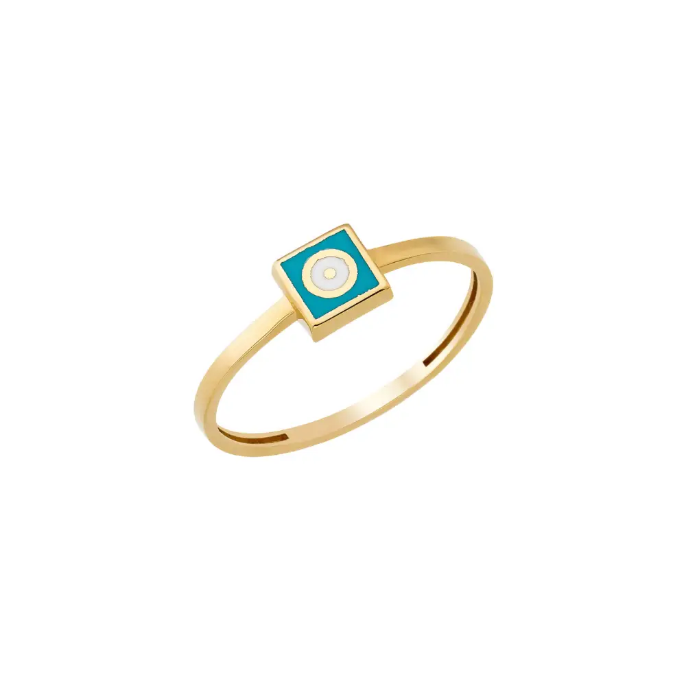 14K Solid Gold Square Dainty Evil Eye Ring Turquoise - Rings