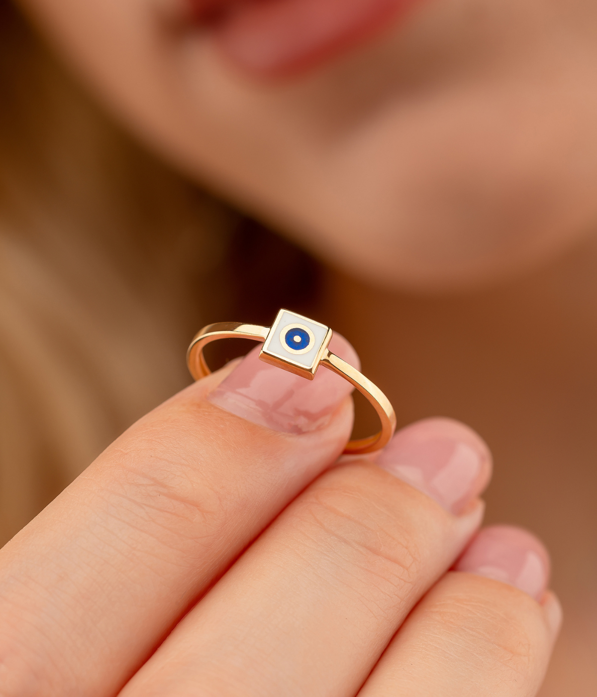 14K Solid Gold Square Dainty Evil Eye Ring White - Rings