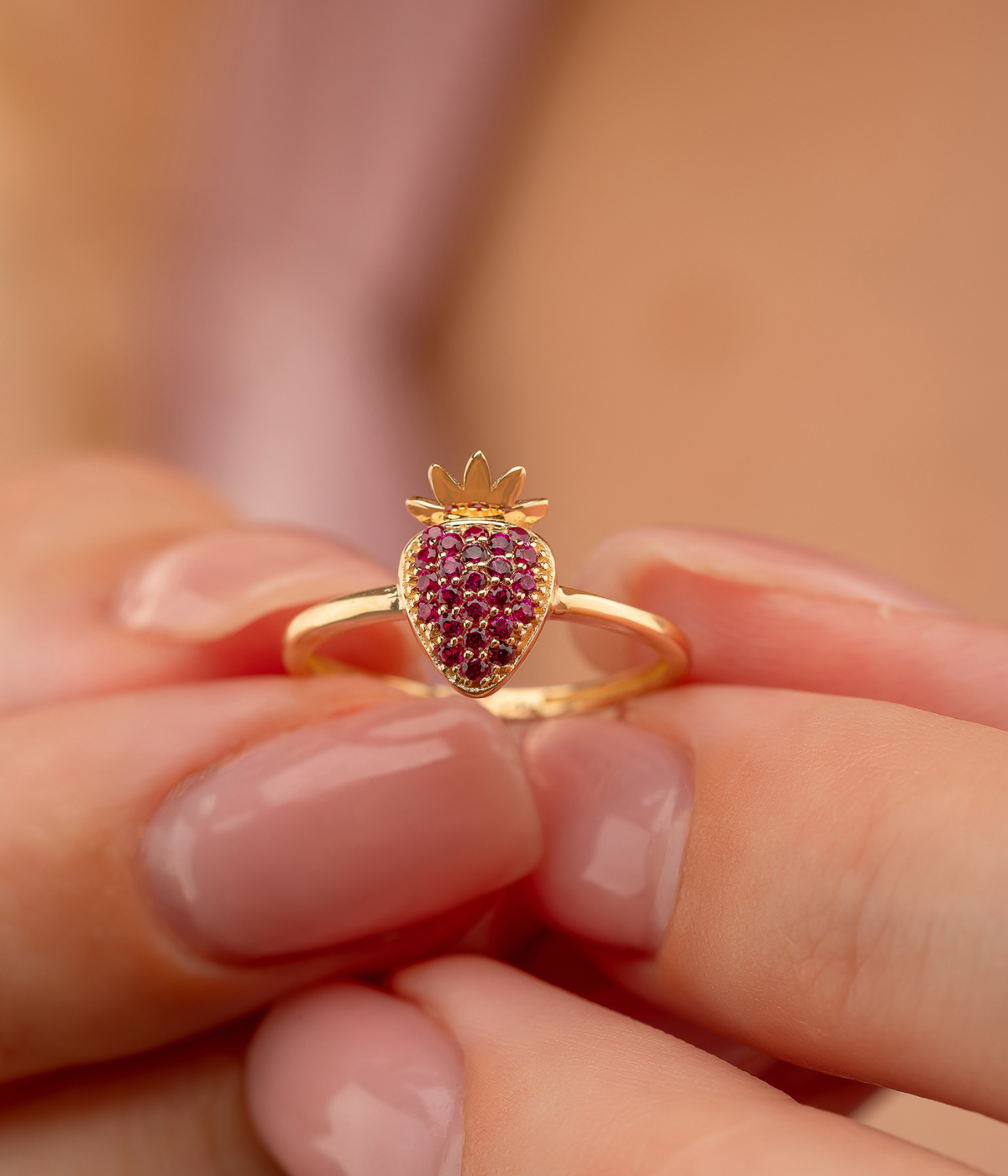 14K Solid Gold Strawberry Ring - Rings