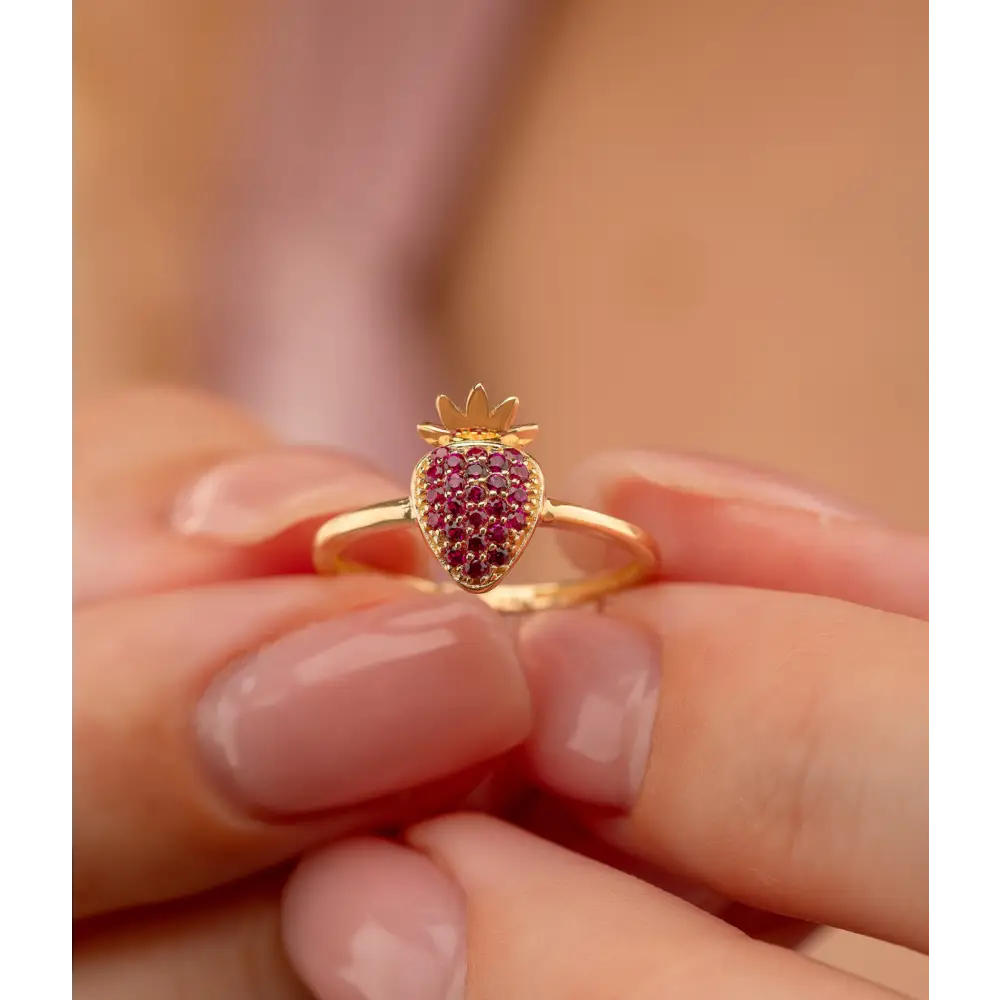 14K Solid Gold Strawberry Ring - Rings