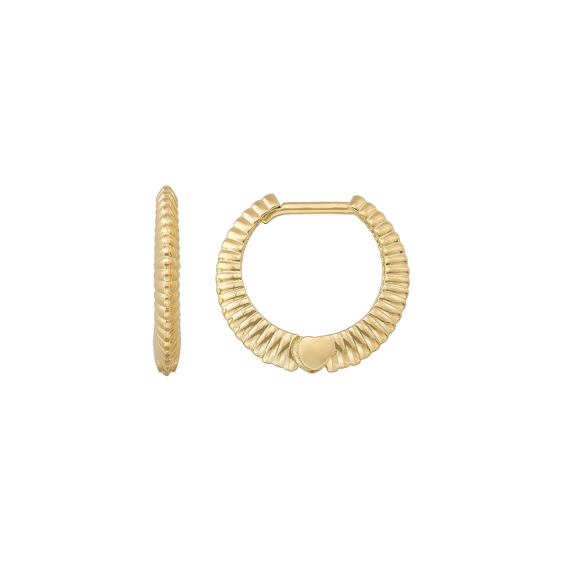 14K Solid Gold Stripe Huggie Hoop Earrings | Side Ribbed Hoops for Women - Single (1Earring) / 14K Yellow Gold - Hoop