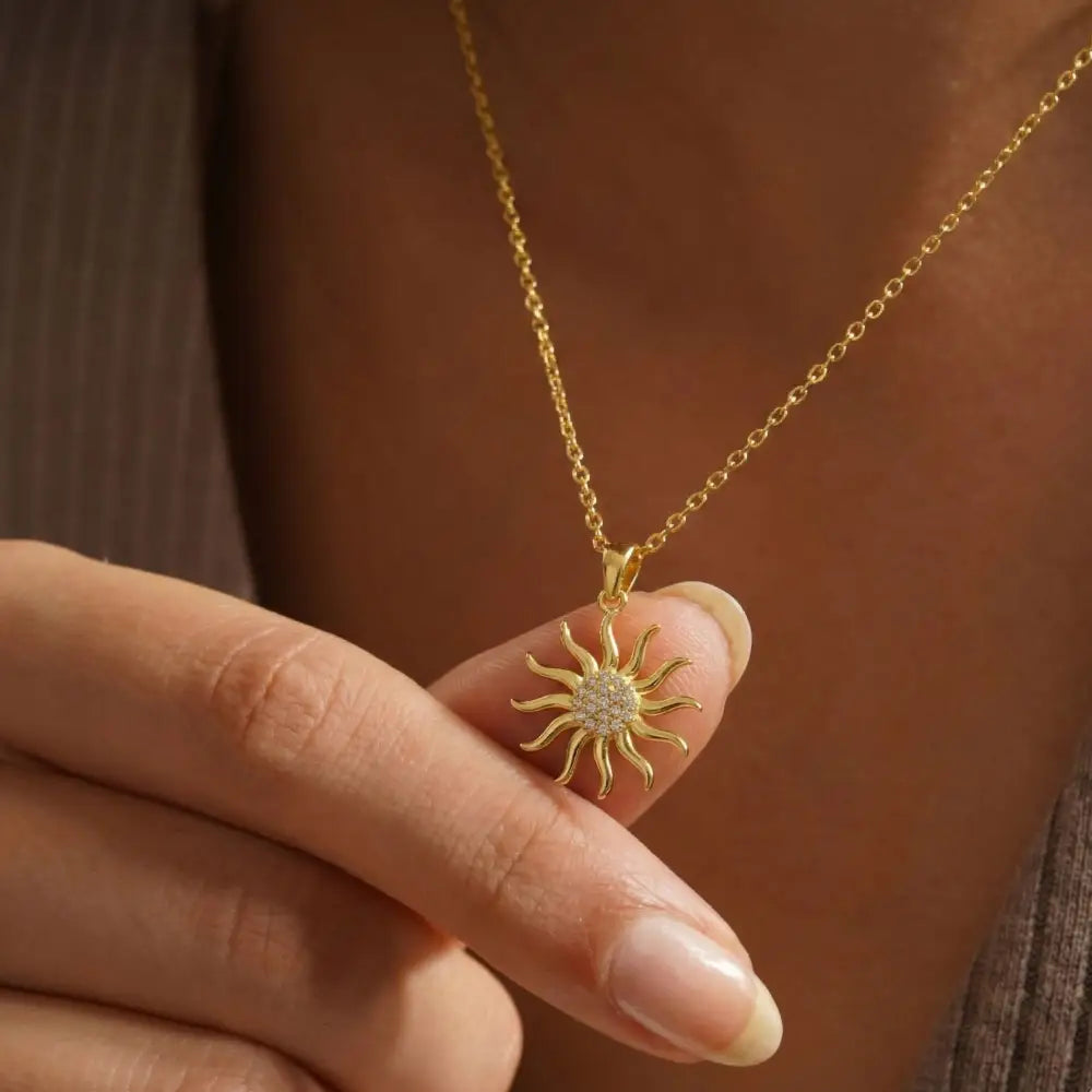 14K Solid Gold Sun Pendant Necklace Diamond Accent Handcrafted Jewelry Celestial Charm Sunshine Gift for Her Minimalist