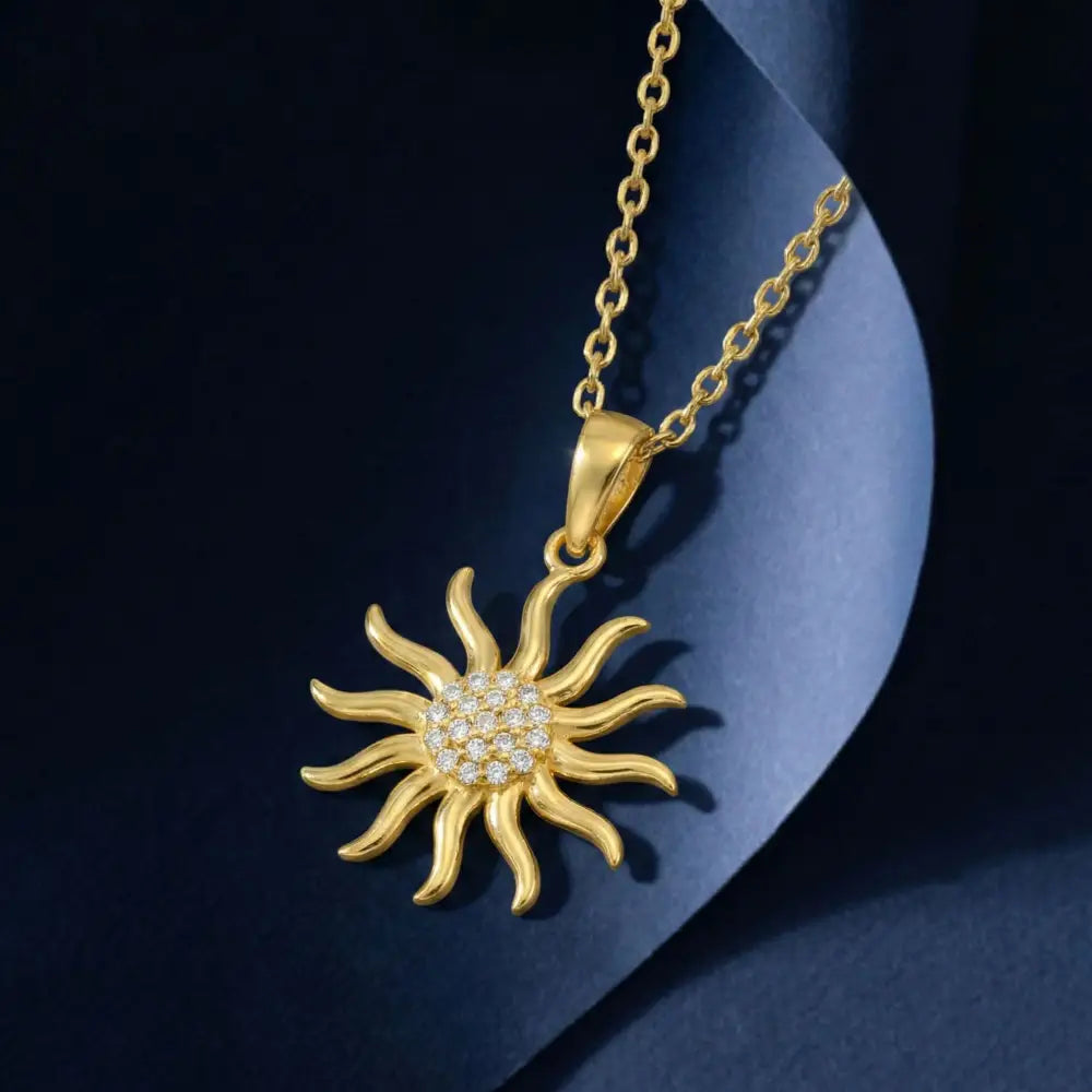 14K Solid Gold Sun Pendant Necklace Diamond Accent Handcrafted Jewelry Celestial Charm Sunshine Gift for Her Minimalist