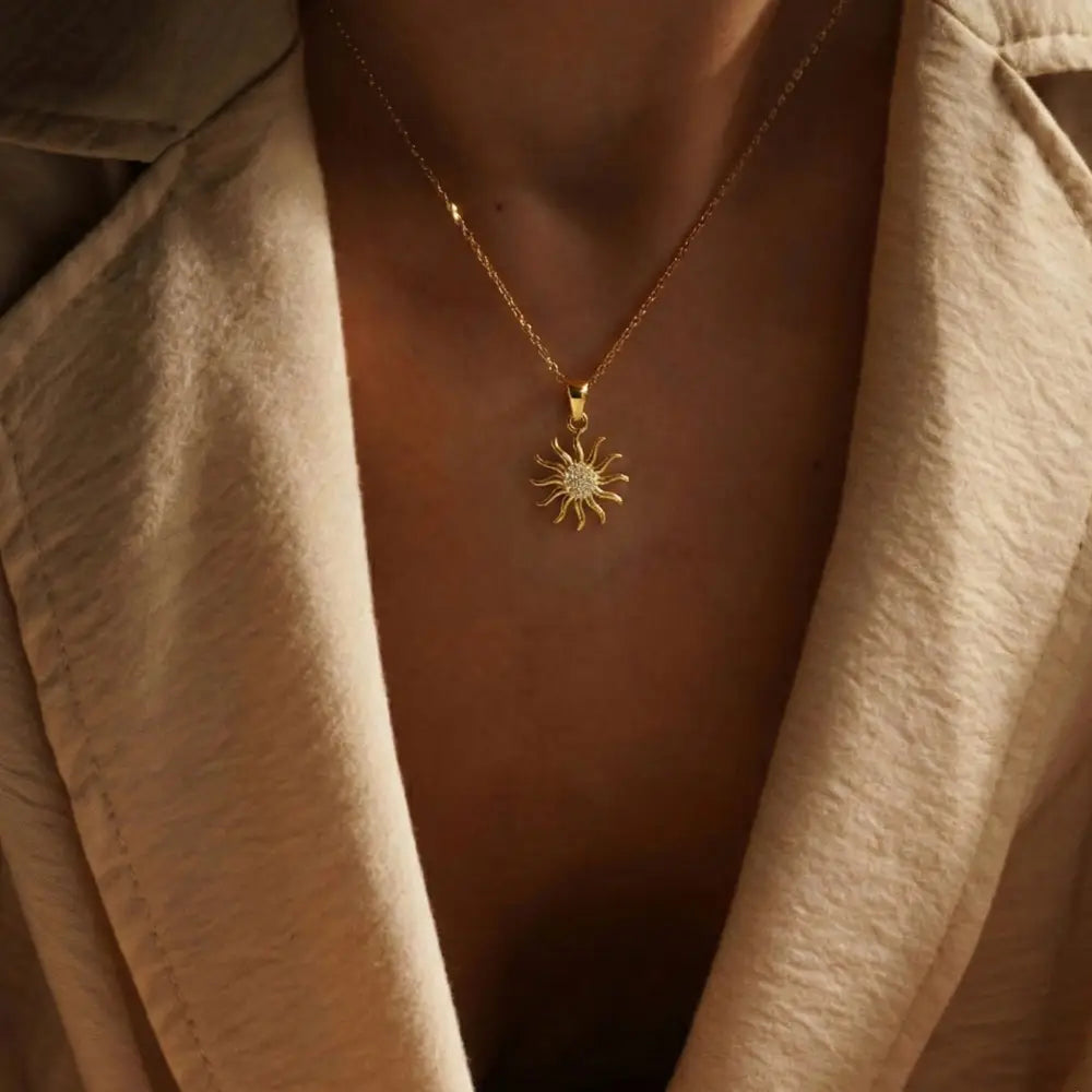 14K Solid Gold Sun Pendant Necklace Diamond Accent Handcrafted Jewelry Celestial Charm Sunshine Gift for Her Minimalist