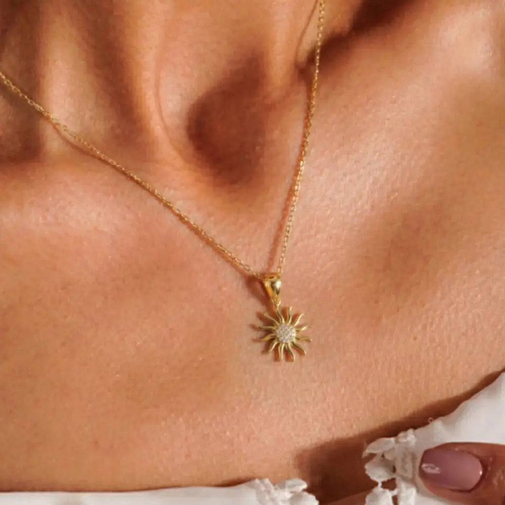 14K Solid Gold Sun Pendant Necklace Diamond Accent Handcrafted Jewelry Celestial Charm Sunshine Gift for Her Minimalist