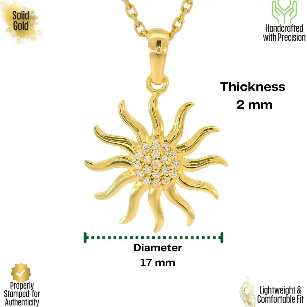 14K Solid Gold Sun Pendant Necklace Diamond Accent Handcrafted Jewelry Celestial Charm Sunshine Gift for Her Minimalist