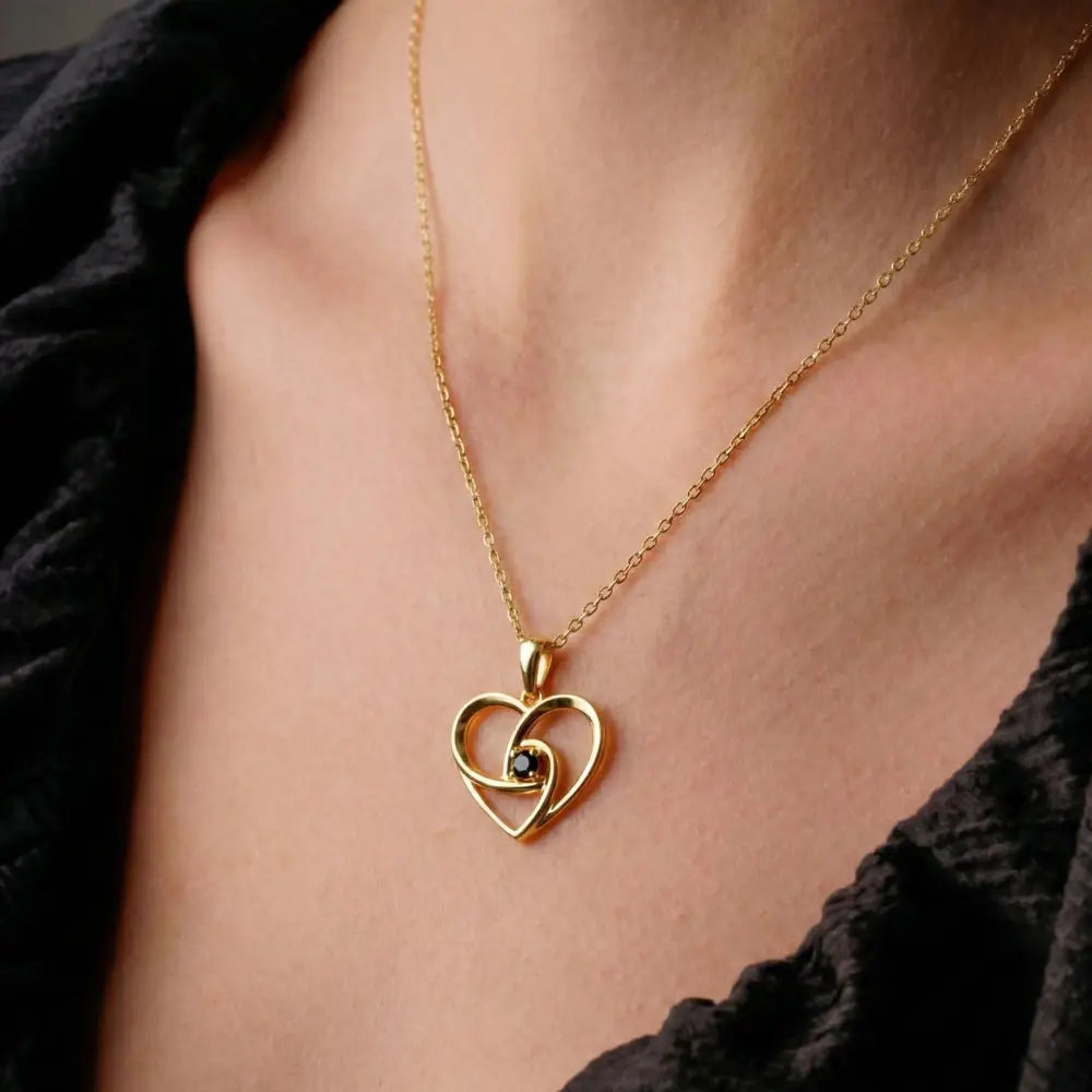 14K Solid Gold Swirl Heart Necklace Black Stone Pendant Dainty Romantic Jewelry Anniversary Birthday Gift for Wife