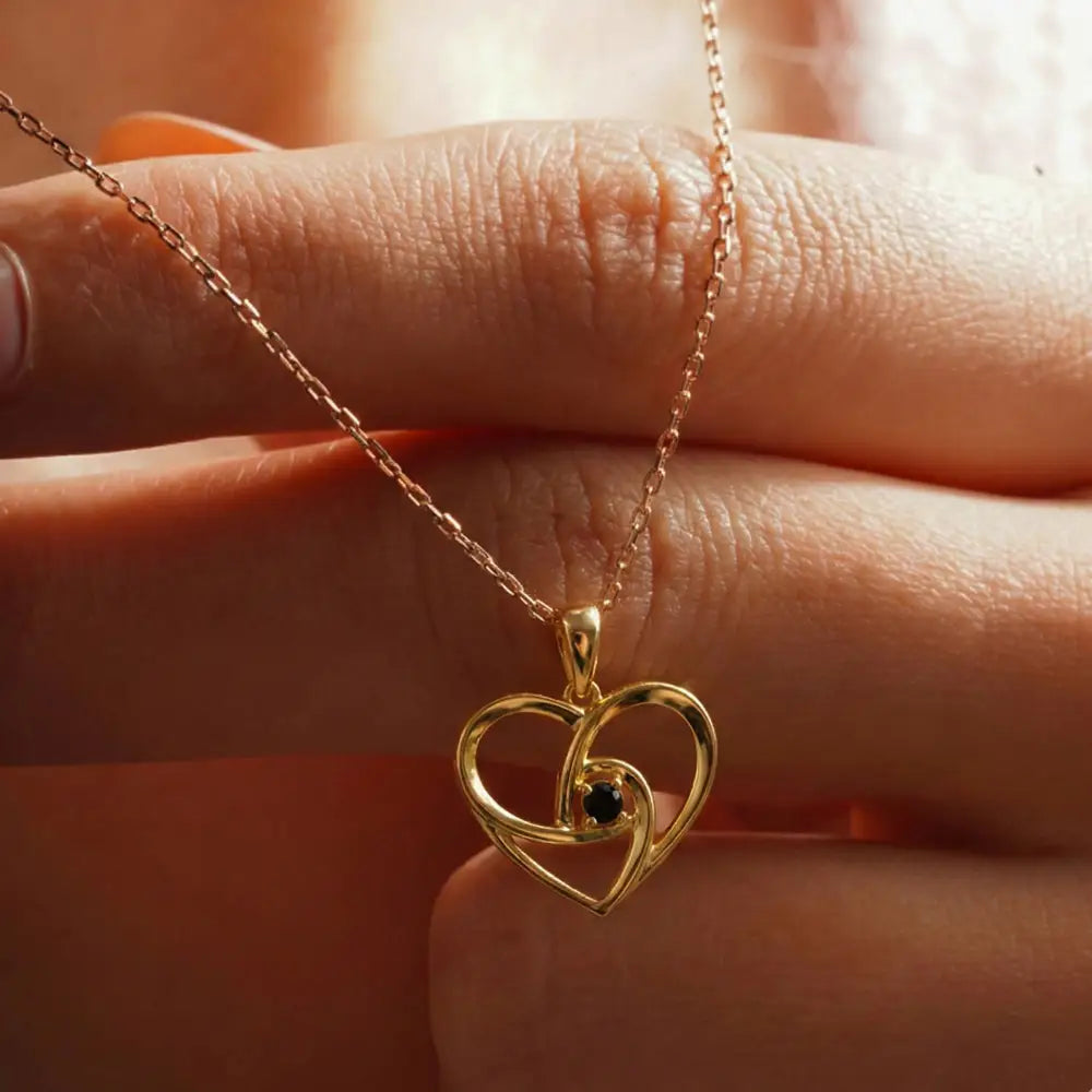 14K Solid Gold Swirl Heart Necklace Black Stone Pendant Dainty Romantic Jewelry Anniversary Birthday Gift for Wife