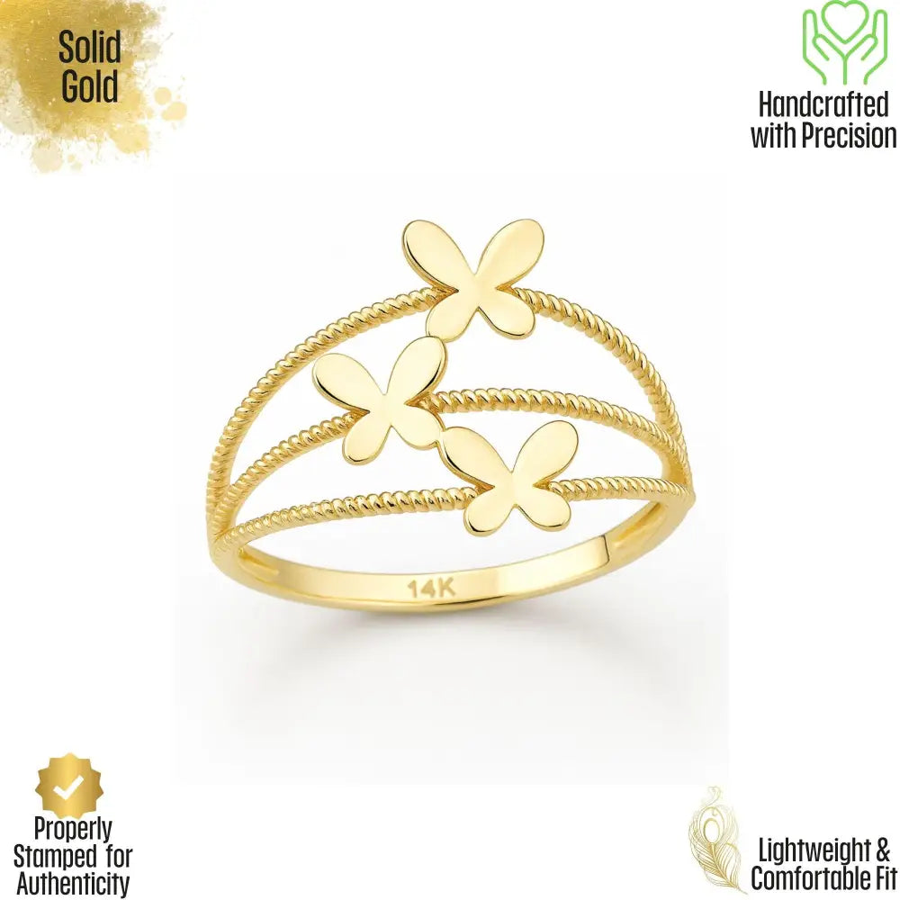 14K Solid Gold Three Butterfly Ring Split Shank Band