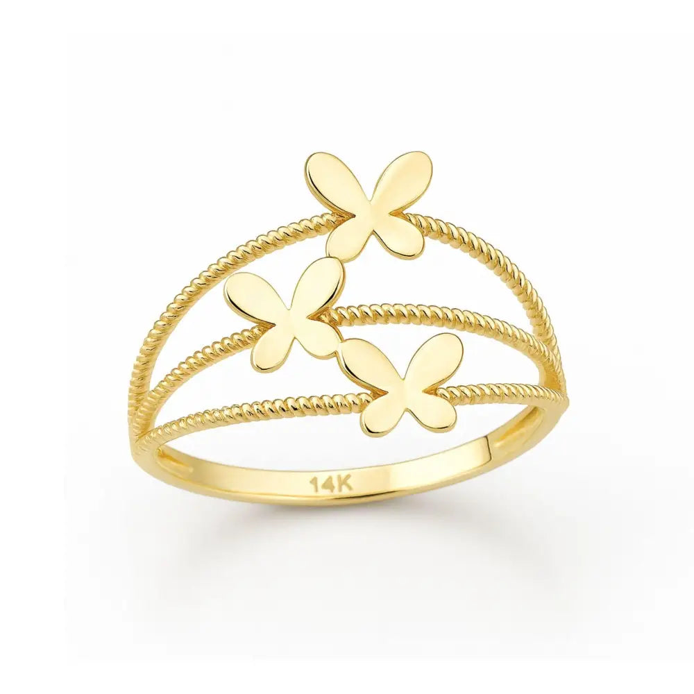 14K Solid Gold Three Butterfly Ring Split Shank Band