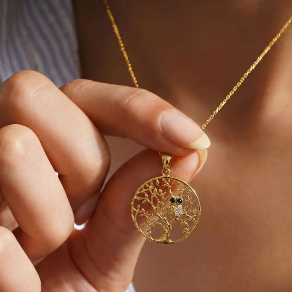 14K Solid Gold Tree of Life Necklace Wisdom Owl Pendant Charm Gift Family Tree Jewelry Nature Lover Gift for Her