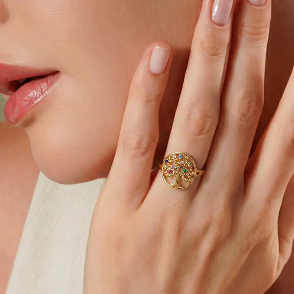 14K Solid Gold Tree of Life Ring Multicolored Gemstones Handmade Jewelry Nature-Inspired Design - Statement Ring