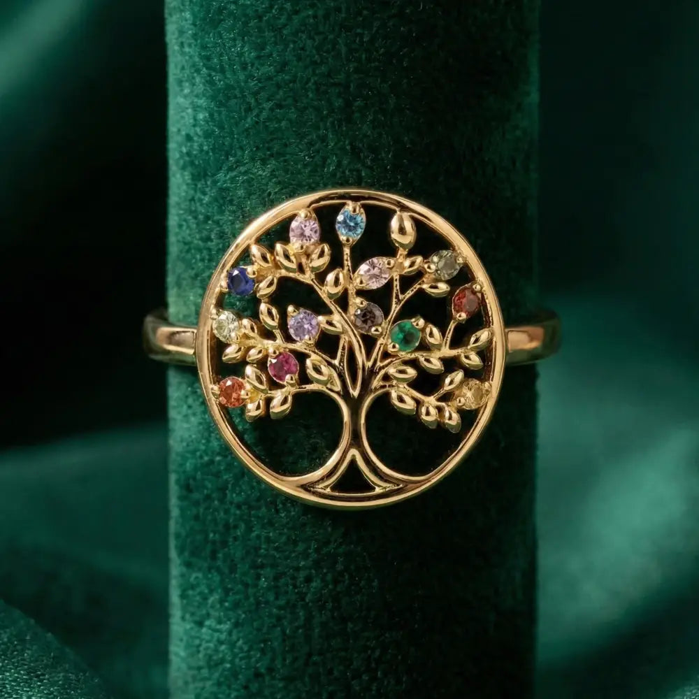 14K Solid Gold Tree of Life Ring Multicolored Gemstones Handmade Jewelry Nature-Inspired Design - Statement Ring