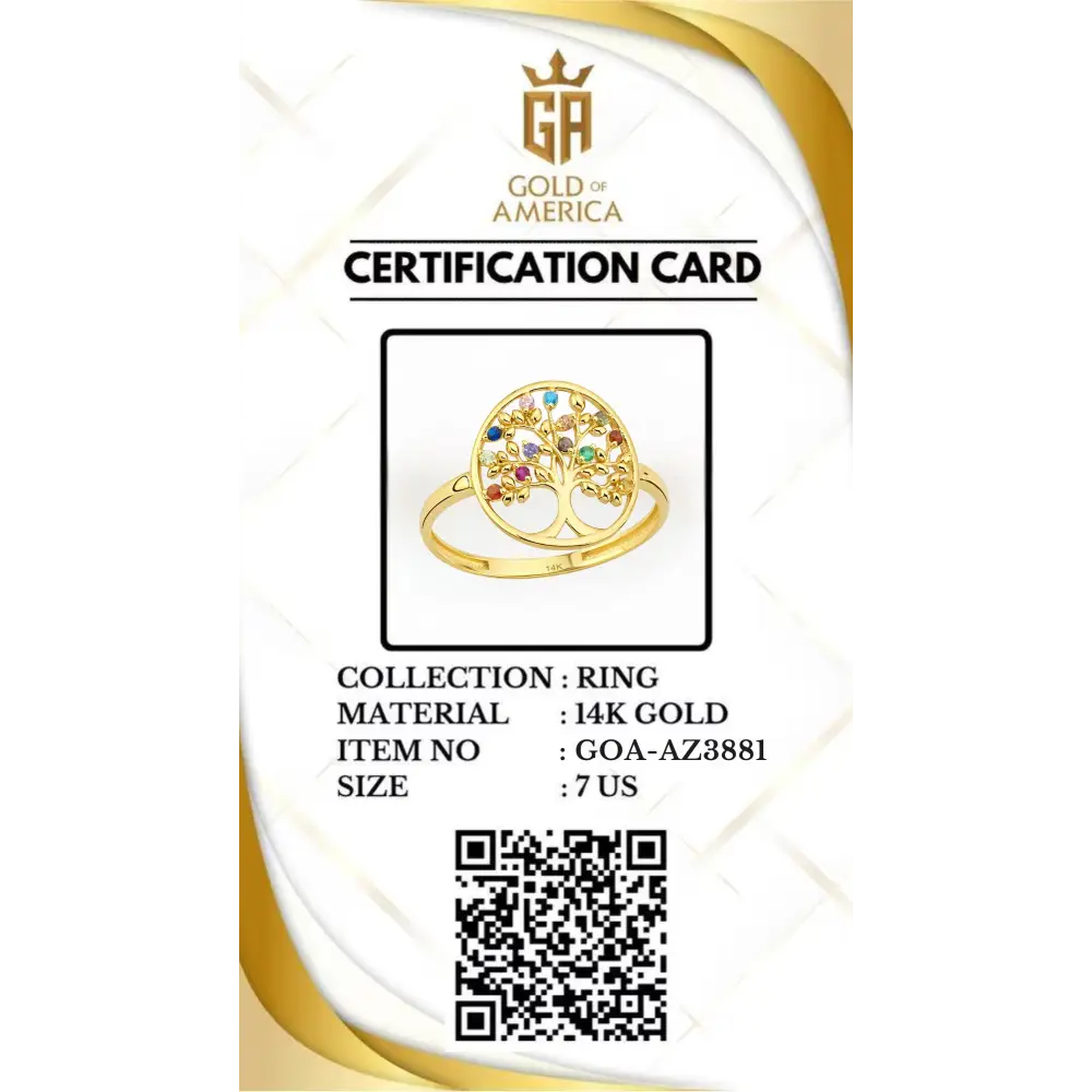 14K Solid Gold Tree of Life Ring Multicolored Gemstones Handmade Jewelry Nature-Inspired Design