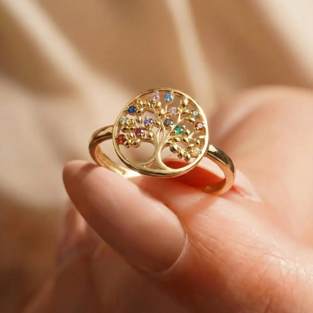 14K Solid Gold Tree of Life Ring Multicolored Gemstones Handmade Jewelry Nature-Inspired Design - Statement Ring