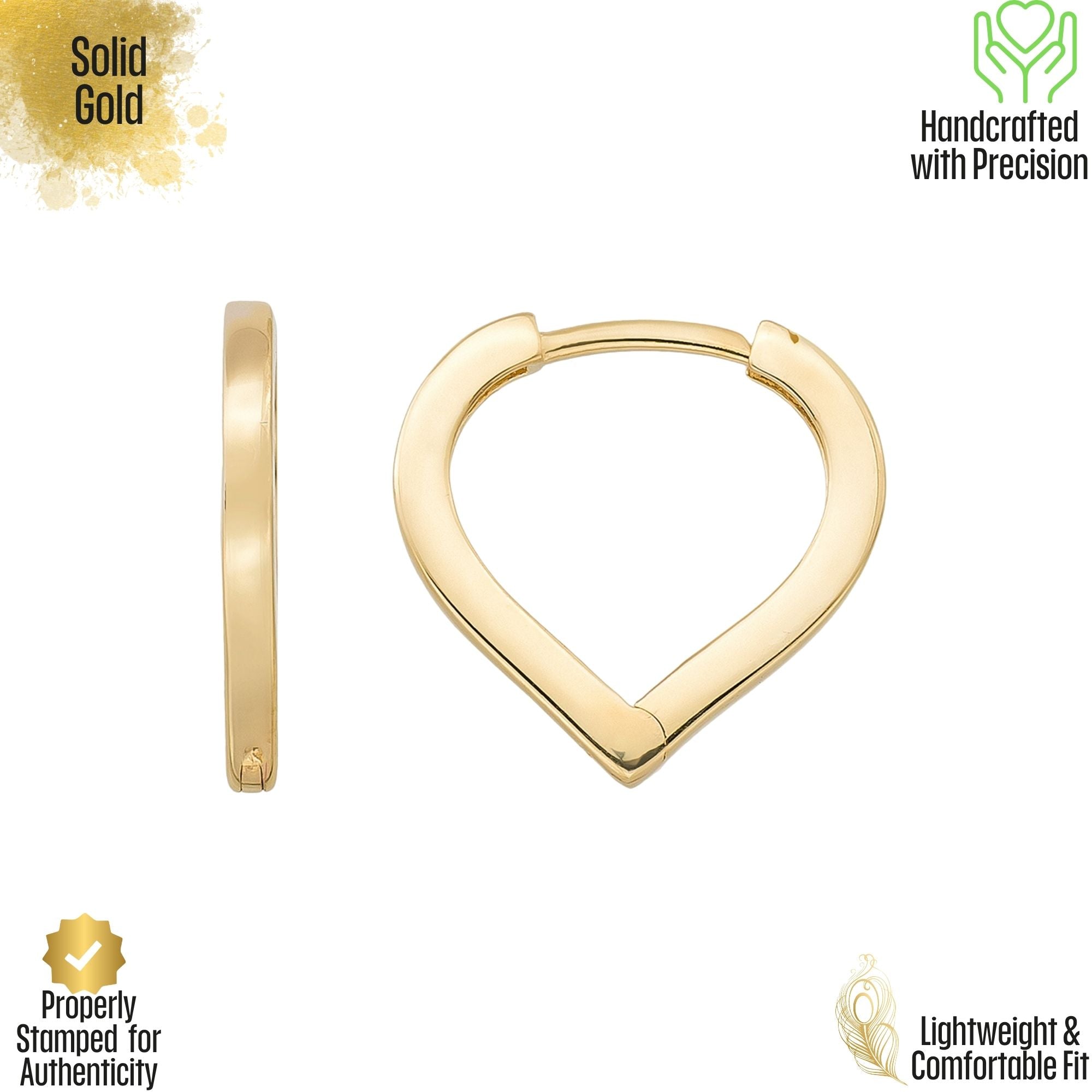 14K Solid Gold Triangle Heart Huggie Hoop Earrings | Geometric Pear-Shape Hoops for Women - Earrings