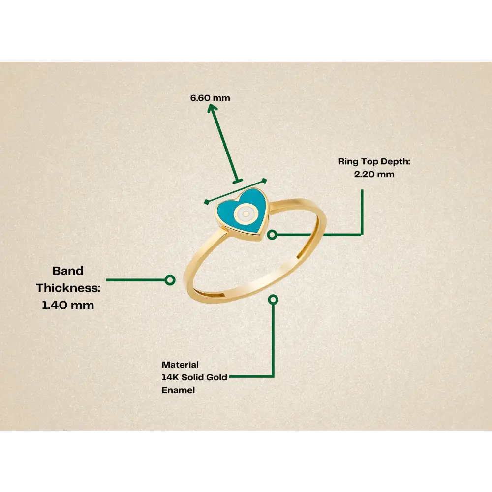 14K Solid Gold Turquoise Heart Evil Eye Ring Boho Stackable Ring
