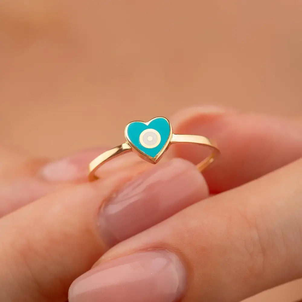 14K Solid Gold Turquoise Heart Evil Eye Ring Boho Stackable Ring