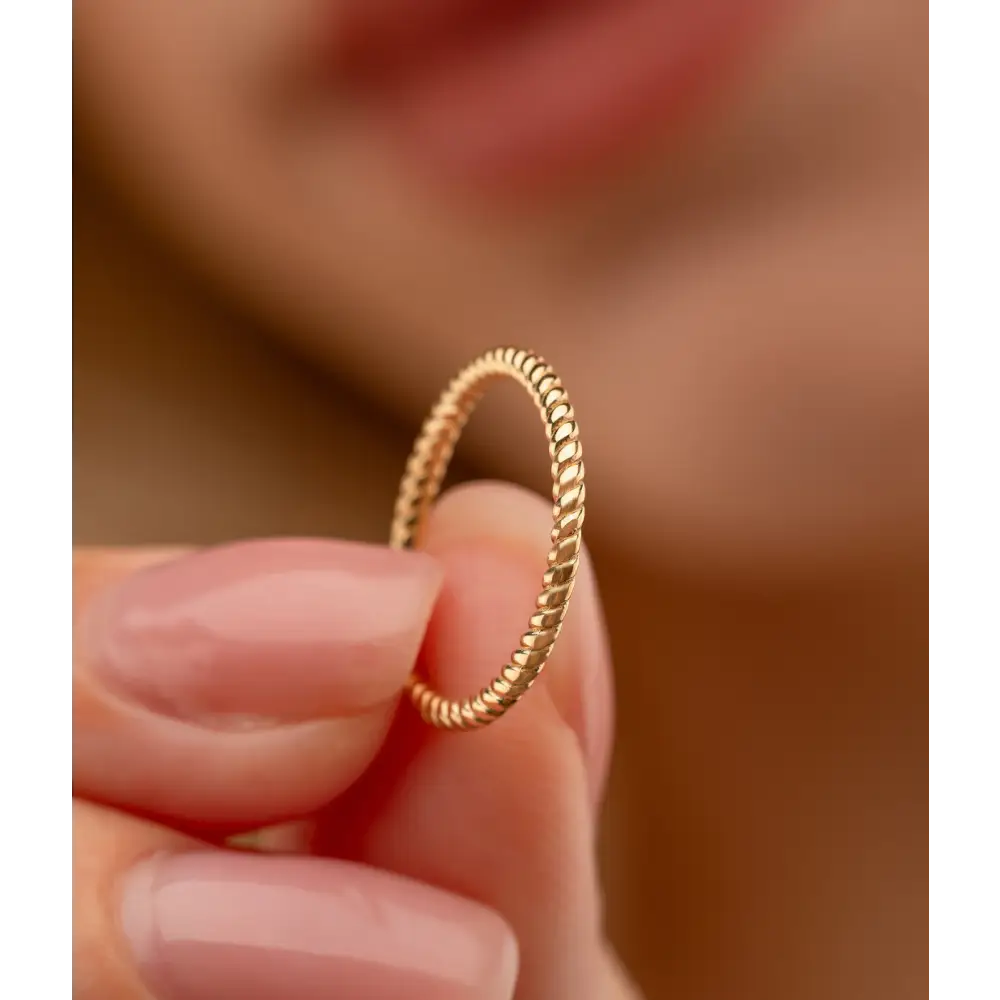 14K Solid Gold Twisted Skinny Band Thin Stacking Ring - Rings