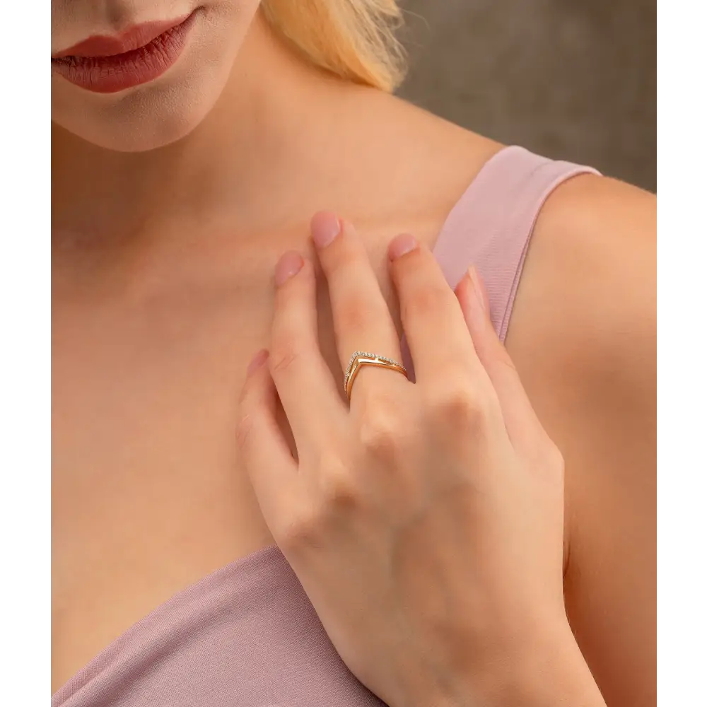 14K Solid Gold V Shaped CZ Chevron Ring - Rings