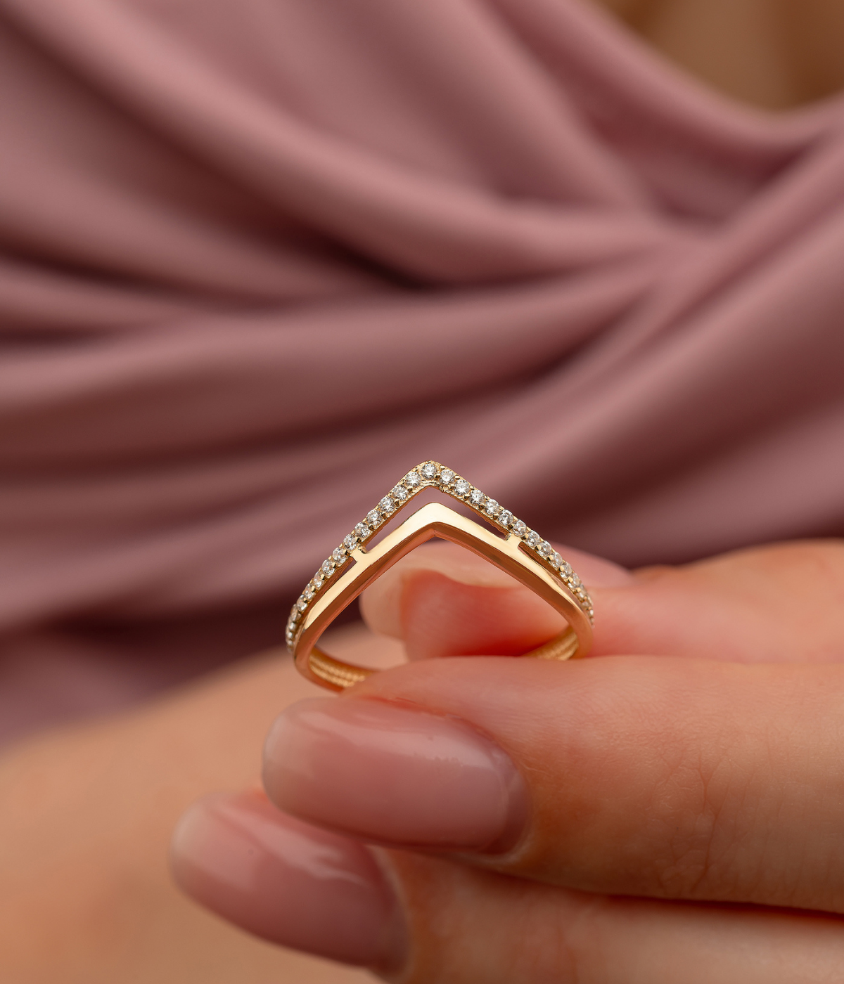 14K Solid Gold V Shaped CZ Chevron Ring - Rings