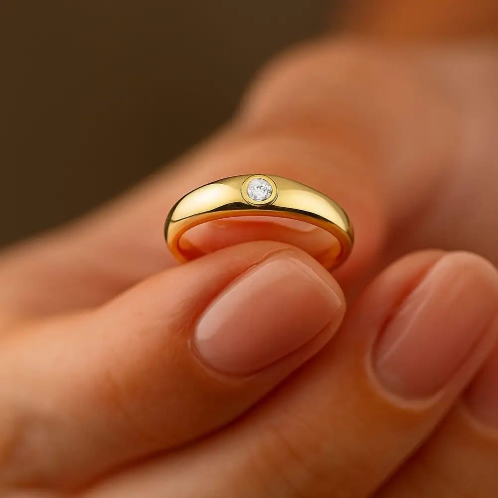 14K Solid Gold Wedding Band 2.2 mm Dome Simulated Diamond Ring