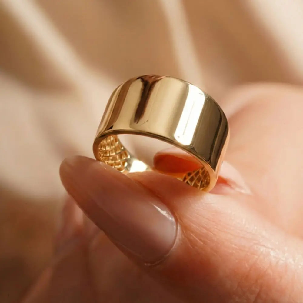 14K Solid Gold Wide Cigar Ring 14mm Bold Statement Band for Men Women Chunky Plain Gold Wedding Band Large Unisex Ring