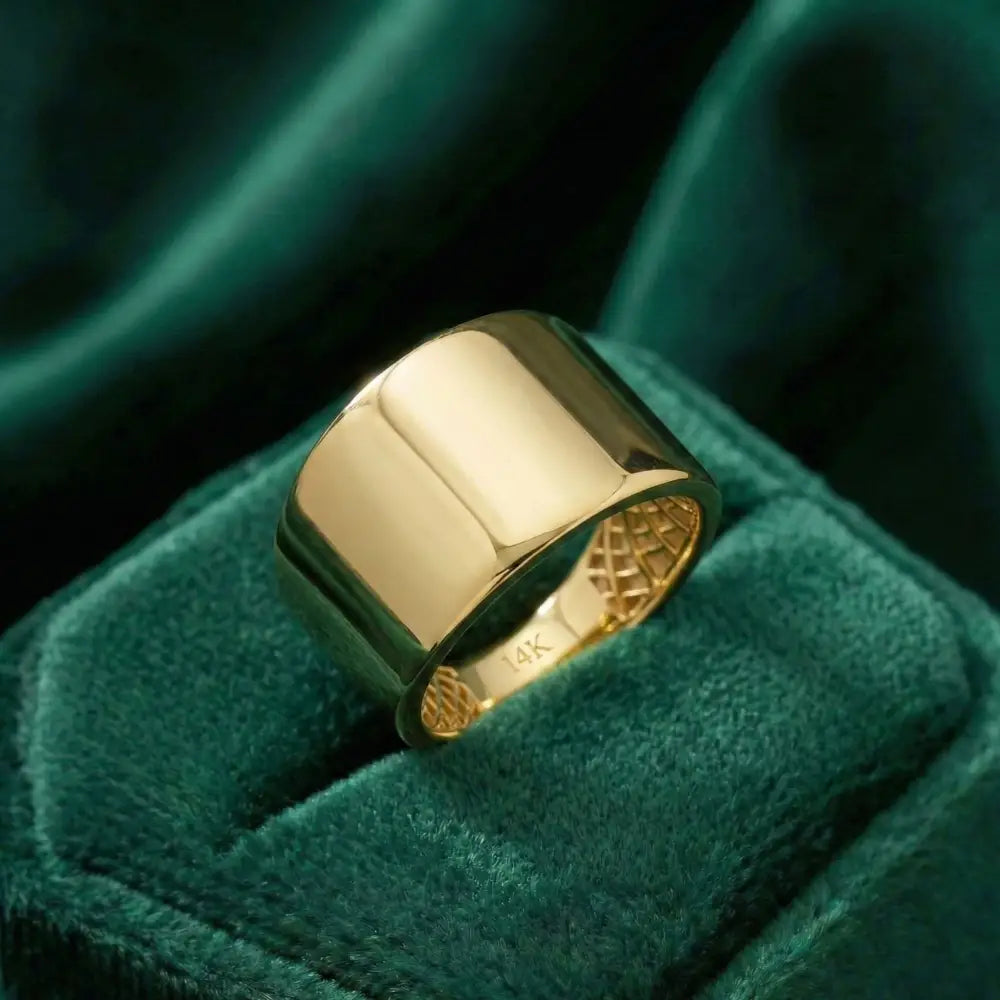 14K Solid Gold Wide Cigar Ring 14mm Bold Statement Band for Men Women Chunky Plain Gold Wedding Band Large Unisex Ring