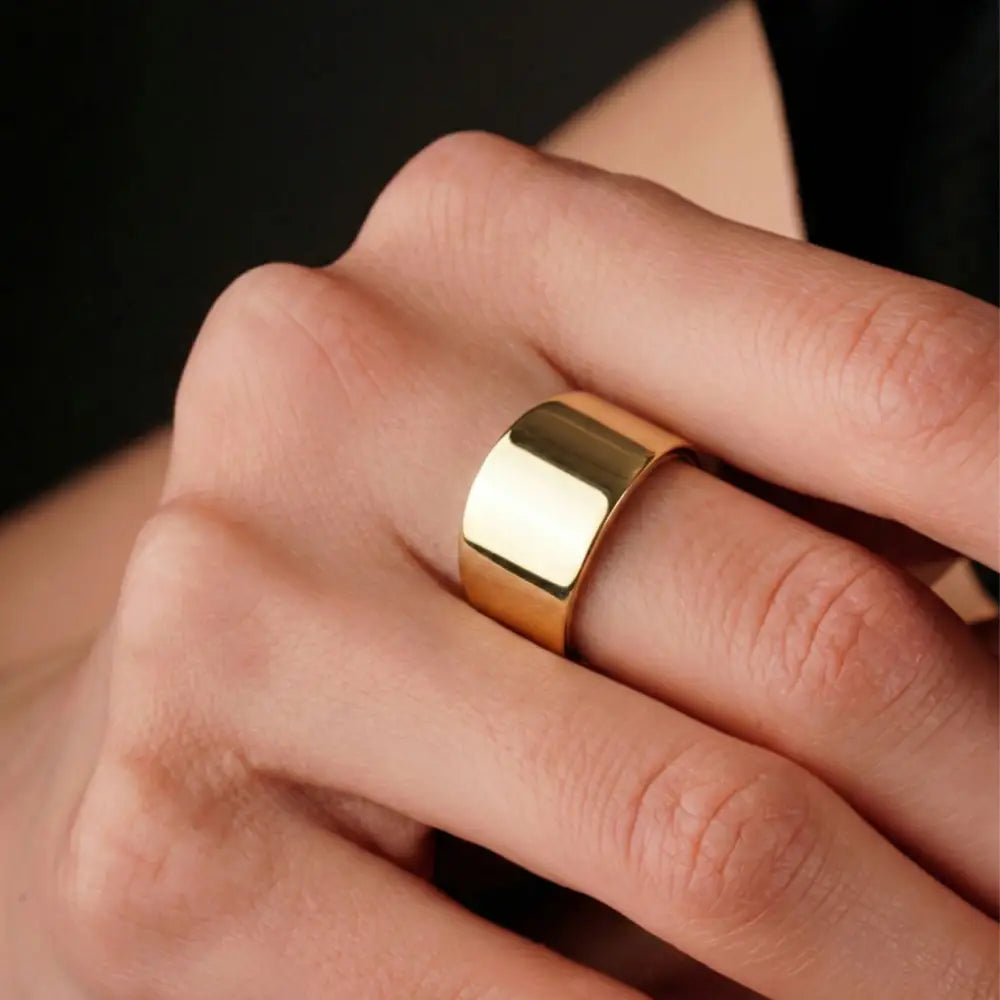 14K Solid Gold Wide Cigar Ring 14mm Bold Statement Band for Men Women Chunky Plain Gold Wedding Band Large Unisex Ring