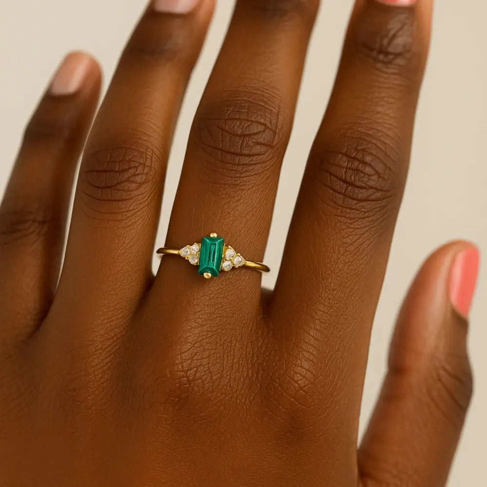 Baguette Emerald Engagement Ring – 14K Solid Gold Vintage Style with Simulated Diamond Accents