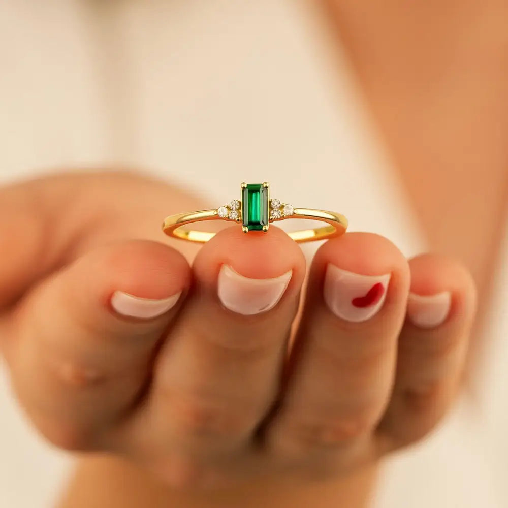Baguette Emerald Engagement Ring – 14K Solid Gold Vintage Style with Simulated Diamond Accents