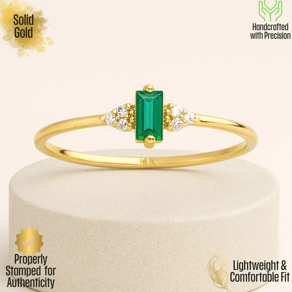 Baguette Emerald Engagement Ring – 14K Solid Gold Vintage Style with Simulated Diamond Accents