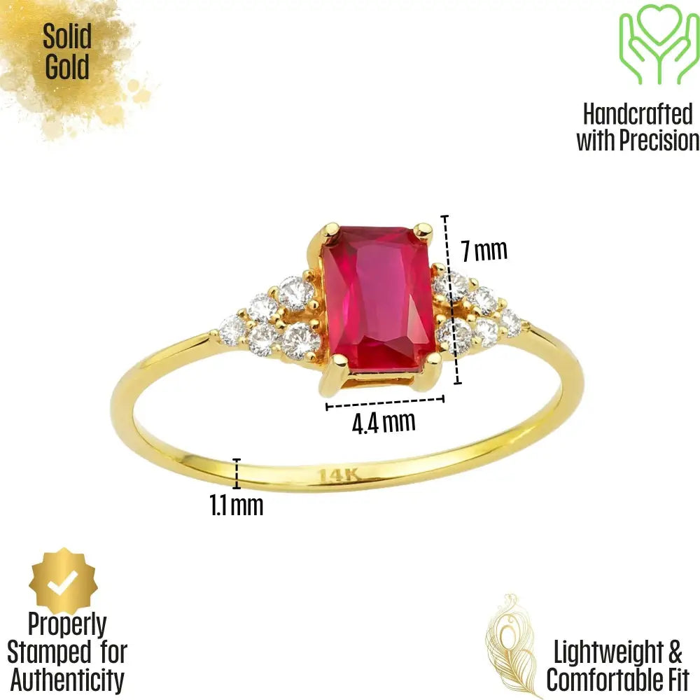 Baguette Ruby 14K Gold Ring Vintage Style with Simulated Diamonds