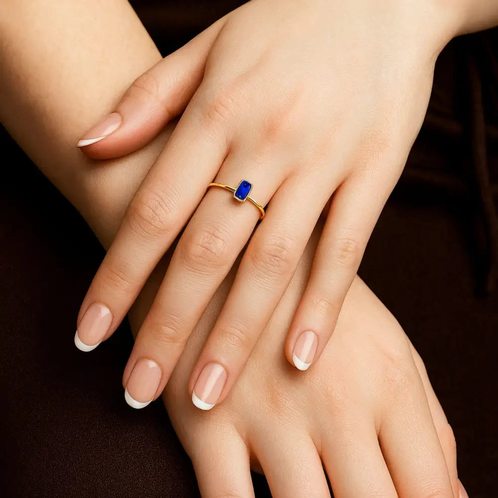 Baguette Sapphire Ring 14K Gold Bezel Setting Minimalist Wedding Ring for Women