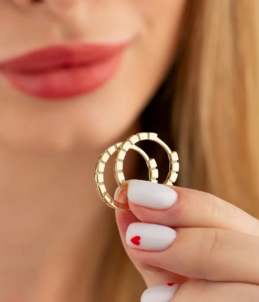 Beaded Huggies Hoop Earrings 14K Solid Gold | Ribbed Braided Statement Hoops Wedding Huggy Earrings for Women - Hoop