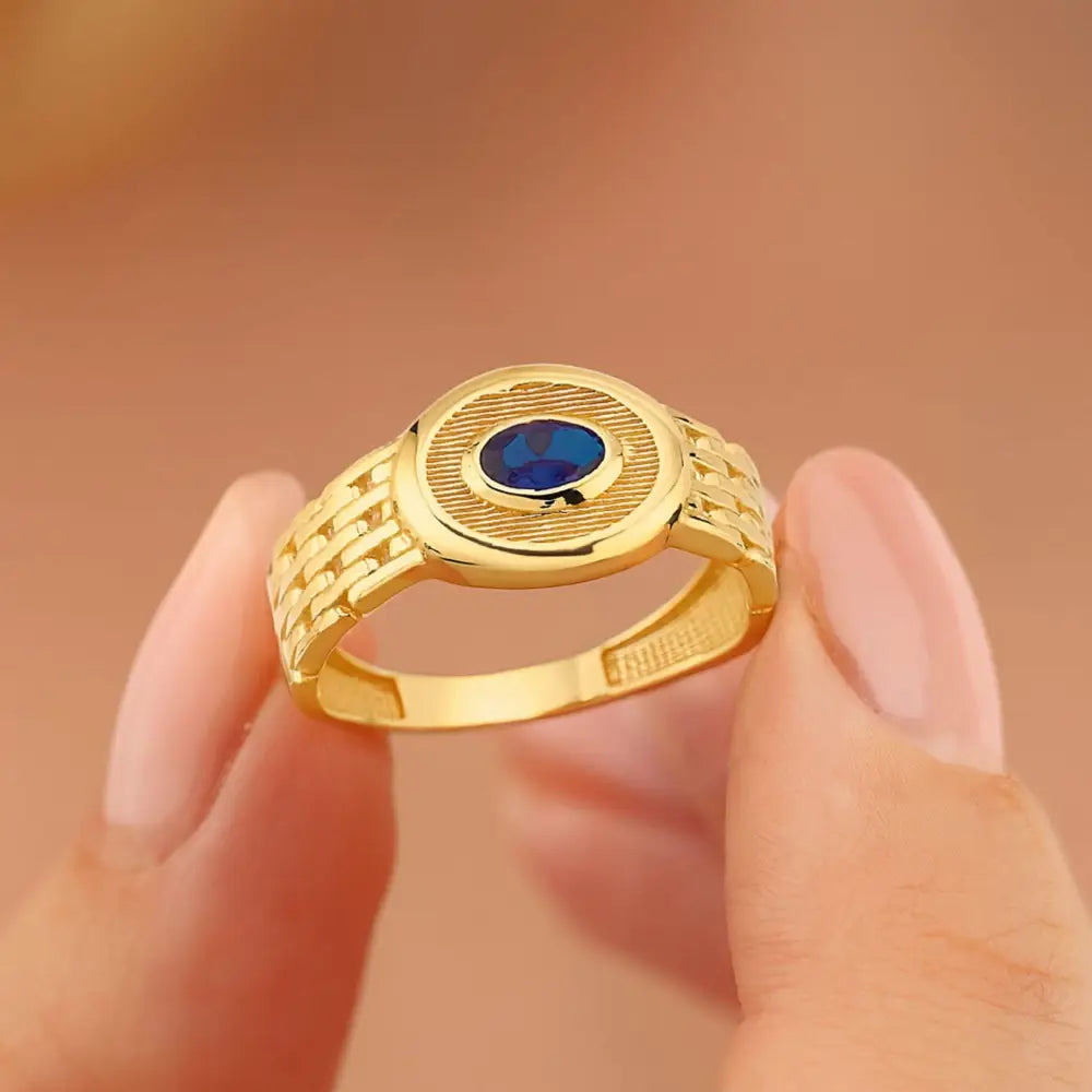 Bezel Sapphire Signet Ring: Oval September Birthstone 14K Solid Gold Chunky Chain Style Band