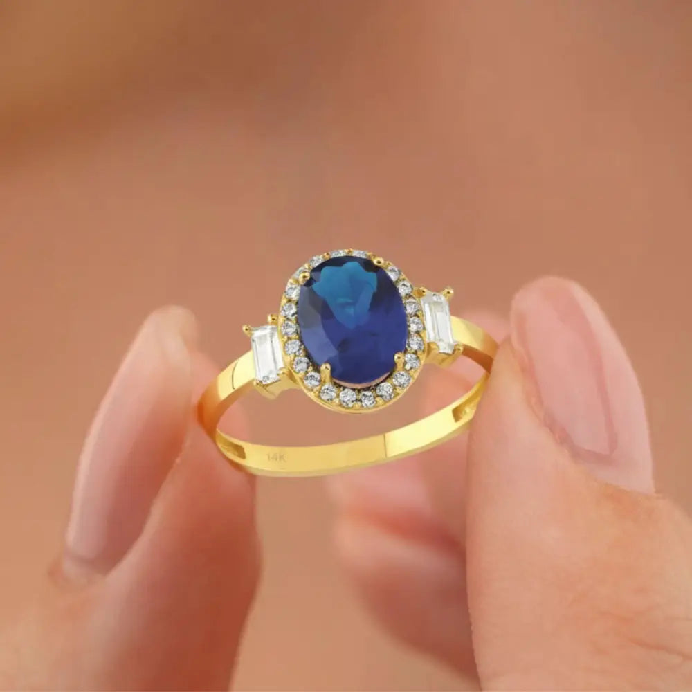 Blue Sapphire Engagement Ring 14K Solid Gold Simulant Diamond Halo