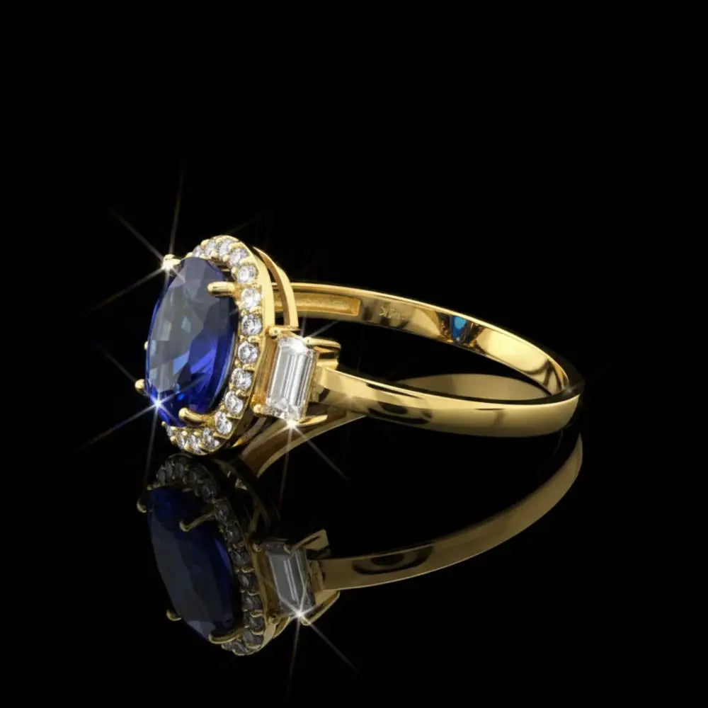 Blue Sapphire Engagement Ring 14K Solid Gold Simulant Diamond Halo