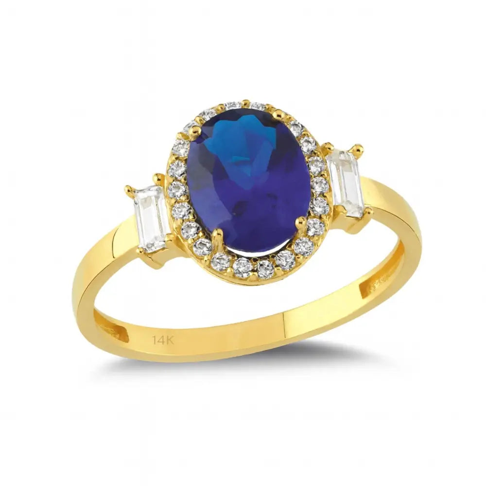 Blue Sapphire Engagement Ring 14K Solid Gold Simulant Diamond Halo