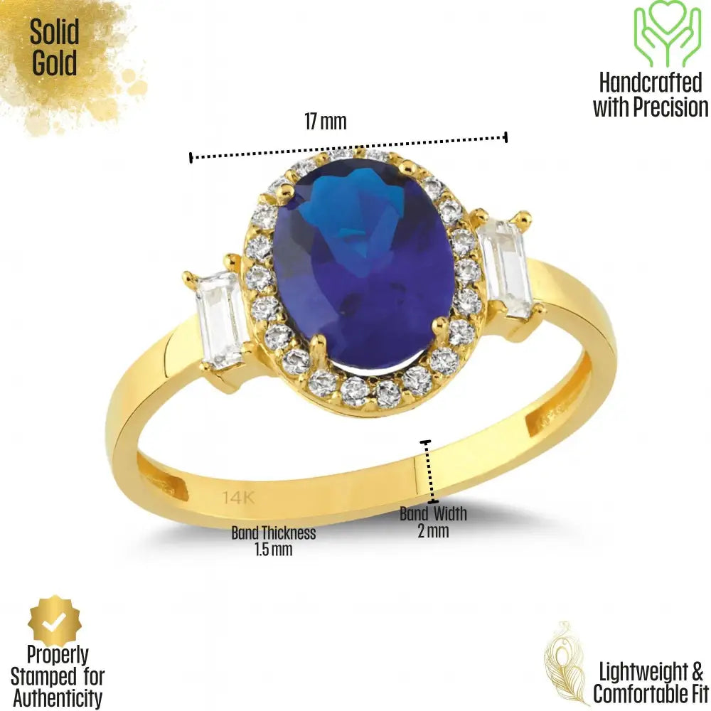 Blue Sapphire Engagement Ring 14K Solid Gold Simulant Diamond Halo