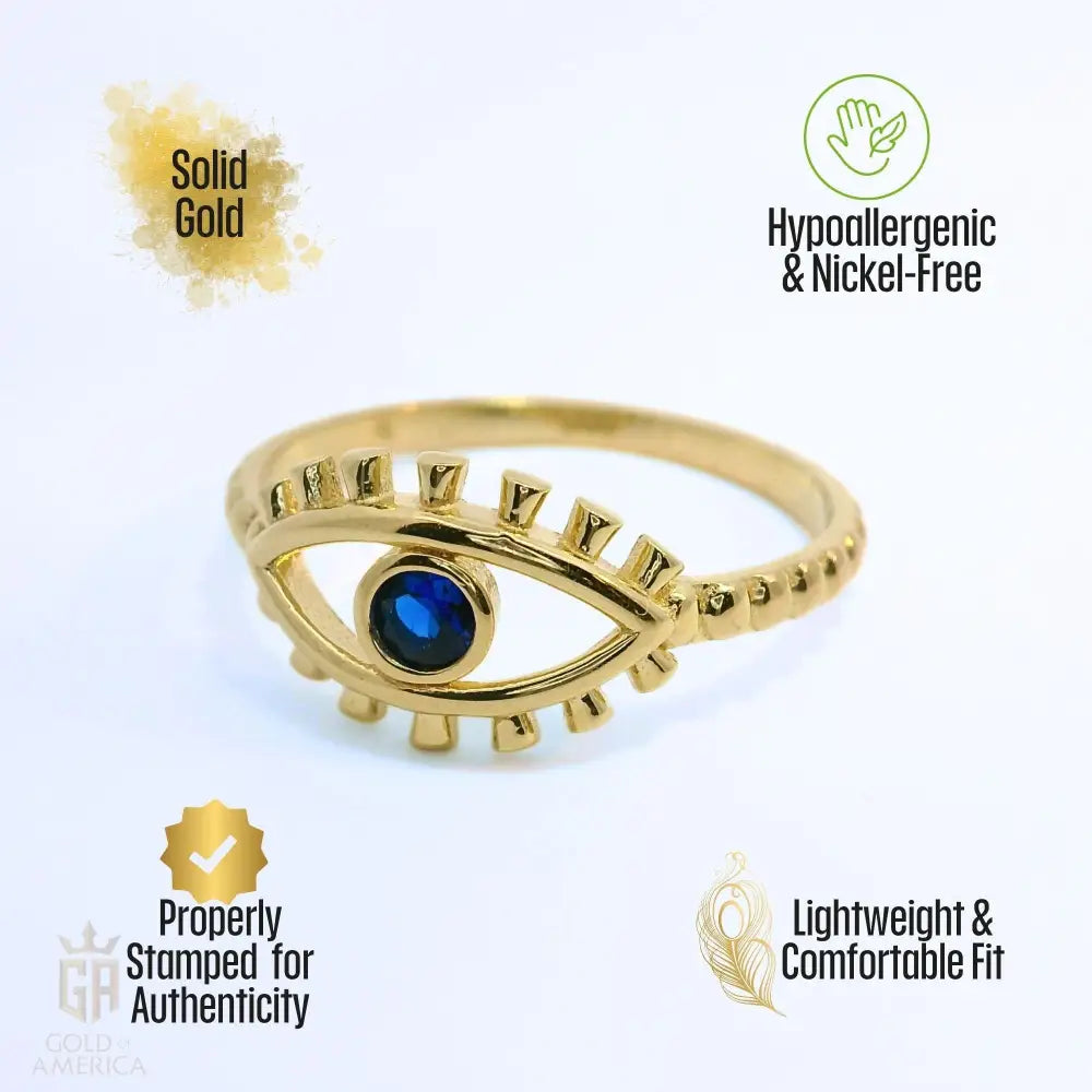 Blue Sapphire Evil Eye Ring – 14K Solid Gold Dainty September Birthstone Gift for Women