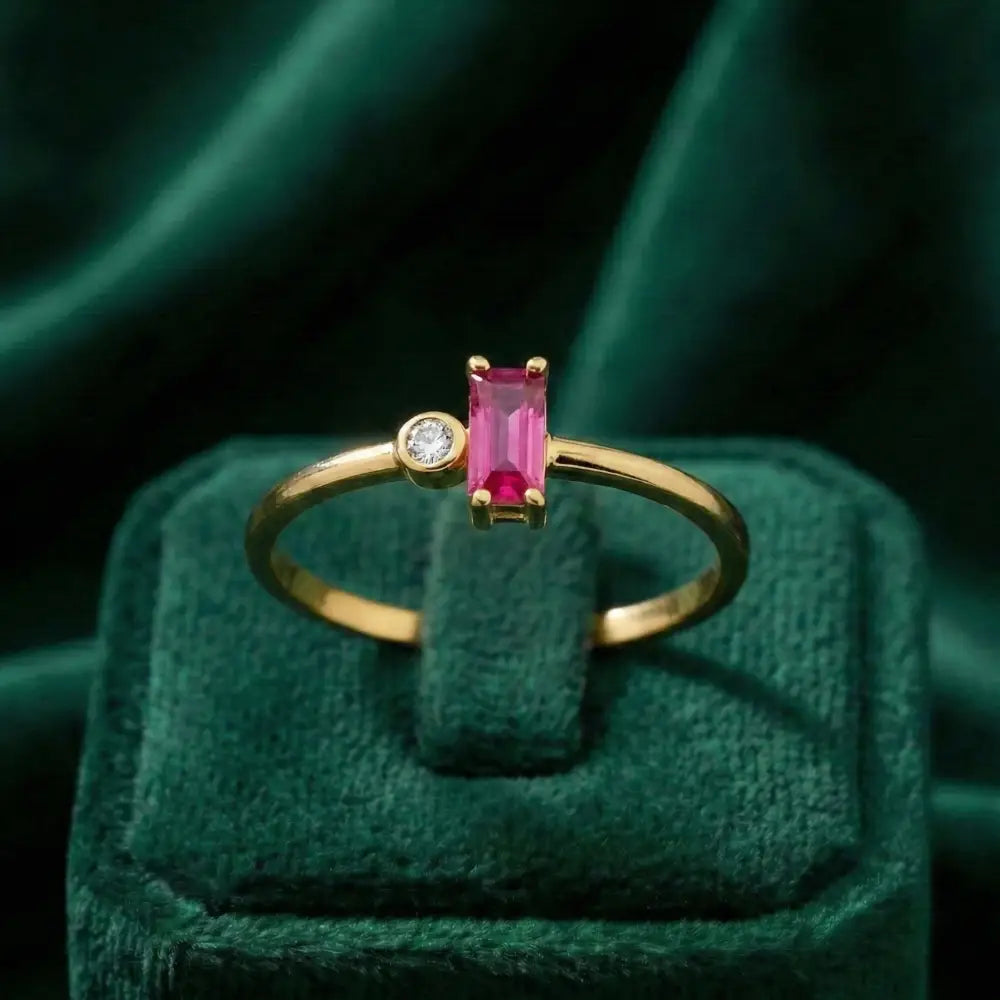 Customized 14K Gold Ruby and Diamond Ring Minimal Rectangle Elegant Gold Jewelry for Women