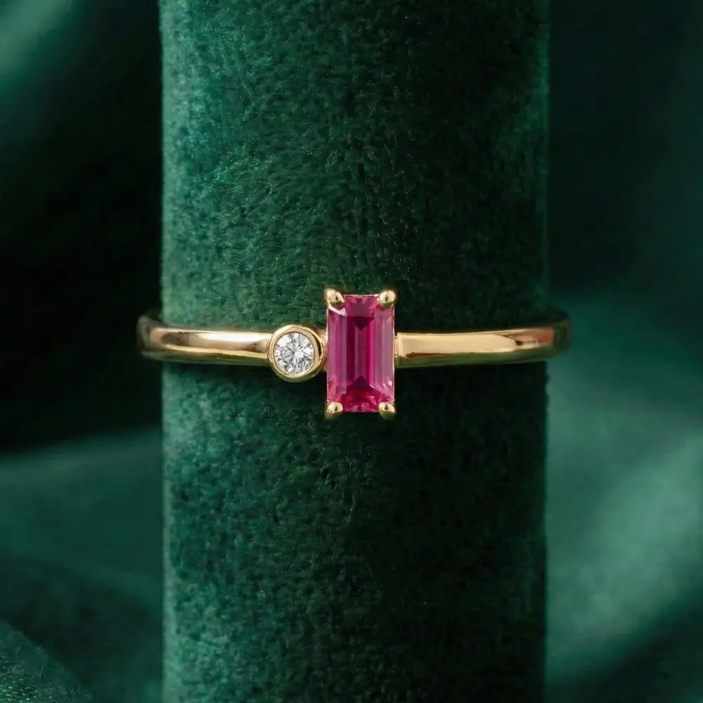 Customized 14K Gold Ruby and Diamond Ring Minimal Rectangle Elegant Gold Jewelry for Women