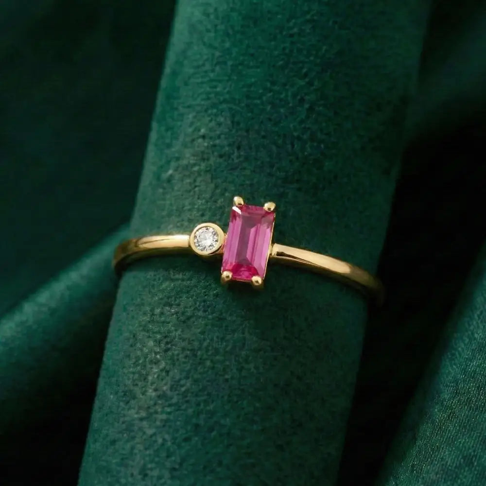 Customized 14K Gold Ruby and Diamond Ring Minimal Rectangle Elegant Gold Jewelry for Women
