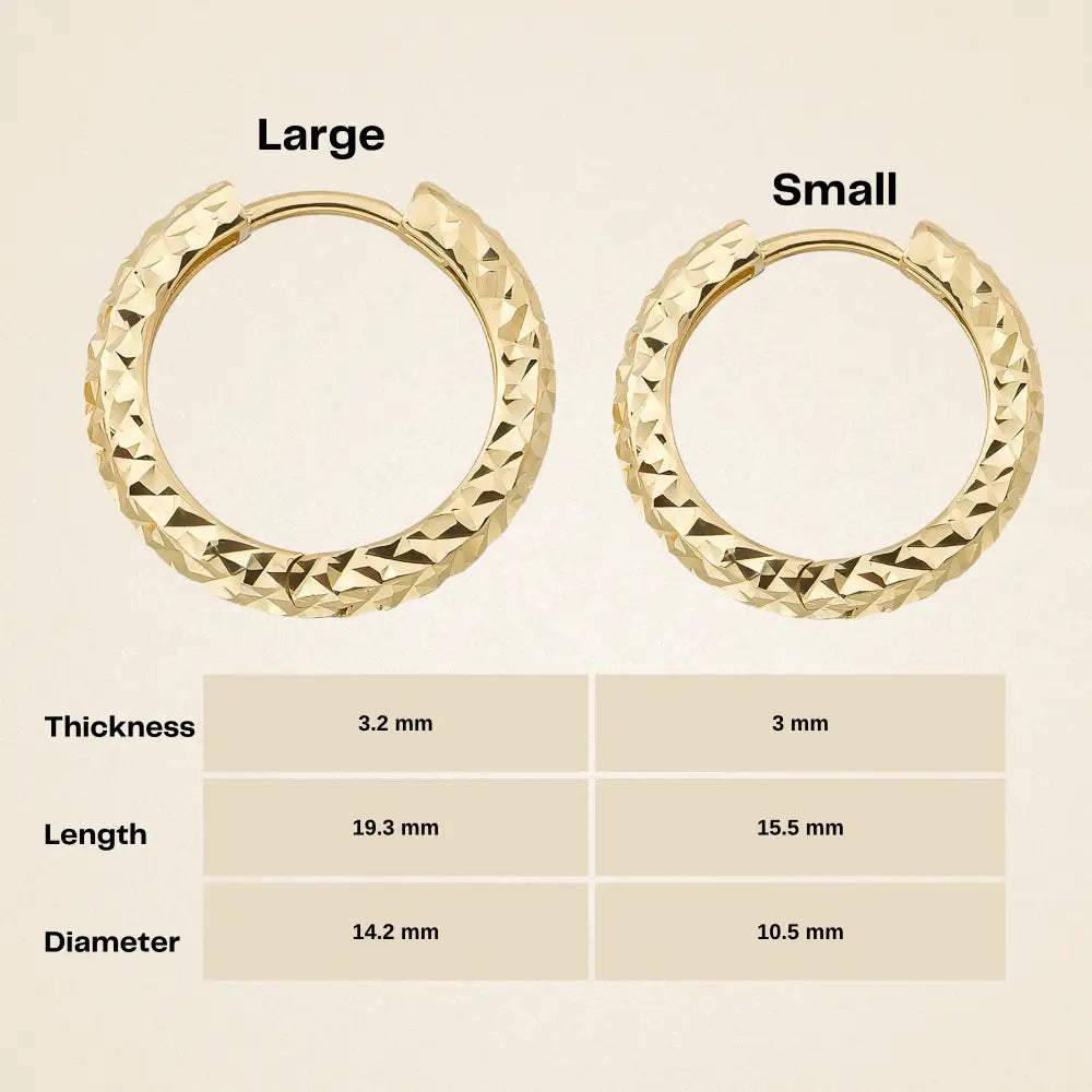 Diamond Cut Hoop Huggies Earrings 14K Solid Gold | Minimal Round Shiny Hoops 10 mm or 14 mm Huggy Hoops for Everyday