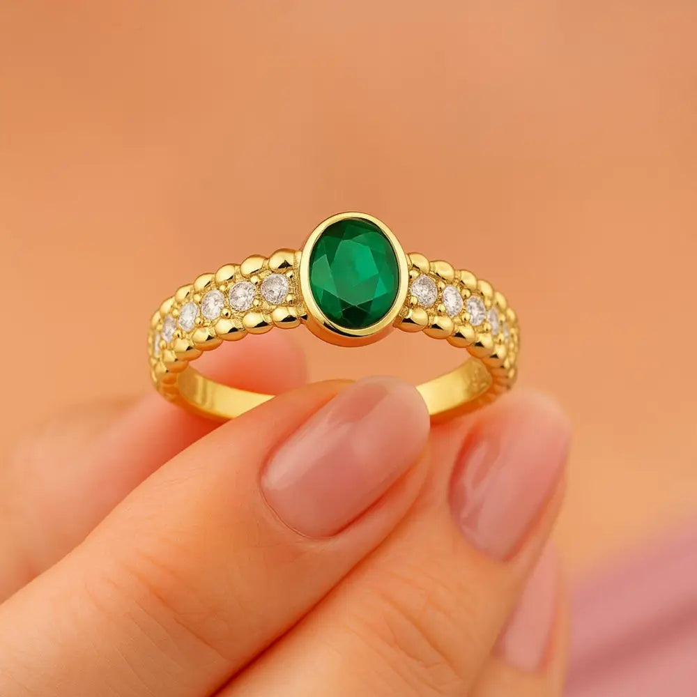 Emerald Birthstone Ring 14K Gold Art Deco Style Simulated Diamonds