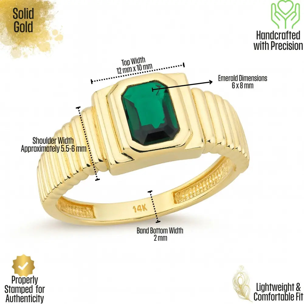 Emerald Cut Signet Ring 14K Solid Gold Ribbed Band